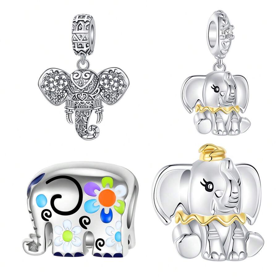 Silver Plated Charm Colorful Big Eared Elephant Animals Series Charm Pendant Ball Suitable For Bracelet DIY Women's Jewelry