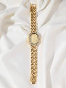 DISU 1 件女士椭圆形表盘金银不锈钢表带经典商务石英表带水钻，适合日常生活 - 金色 - 查看 3