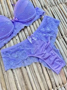 Conjunto Lingerie Sexy Fio Com Bojo Fio Renda Sensual Bella - Violeta - Visão 2