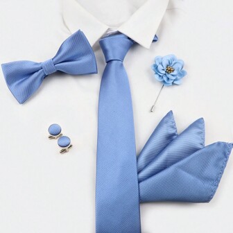 ZONFAZ Juego de 5 piezas de corbata sólida clásica y versátil para hombres, que incluye corbata, pajarita, pañuelo de bolsillo, gemelos y broche, adecuado para celebraciones de boda y vestimenta diaria con traje. Corbata casual para hombres