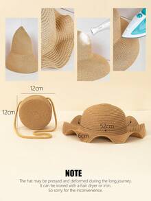 2pcs Kids' Beige Wave Design Sun Hat And Crossbody Woven Bag Set, Perfect For Daily, Vacation And Travel