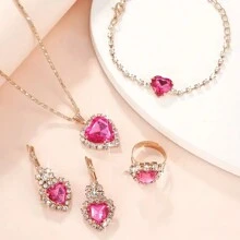 Conjunto de collar, aretes, anillo y pulsera con dije de corazón con cristales completos, para mujer - Regalo para San Valentín, Mamá, Madre, Día de la Madre - Rosa - Ver 2