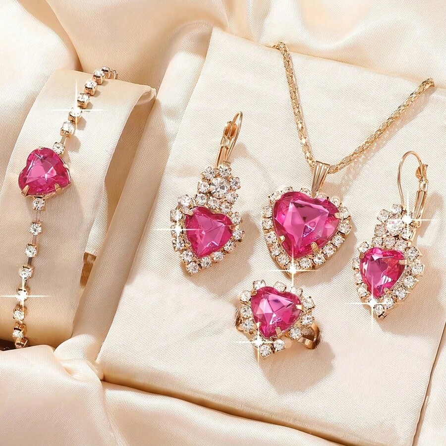 Conjunto de collar, aretes, anillo y pulsera con dije de corazón con cristales completos, para mujer - Regalo para San Valentín, Mamá, Madre, Día de la Madre - Rosa - Ver 1