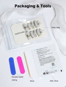 手工製作10入組長棺材形粉色優雅假指甲，珍珠光澤粉色純色，具備3D立體裝飾鑲鑽及仿真珍珠，完全覆蓋亞克力美容假指甲，適用於年輕女性和女孩的婚禮，隨貼即用的美甲工具 - 淺粉色 - 查看 7