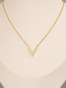 1pc Simple & Versatile Stainless Steel V Shape Necklace For Women, With English Letter Pendant, Clavicle Chain, Suitable For Daily Wear - Yellow Gold - View 4