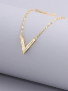 1pc Simple & Versatile Stainless Steel V Shape Necklace For Women, With English Letter Pendant, Clavicle Chain, Suitable For Daily Wear - Yellow Gold - View 1