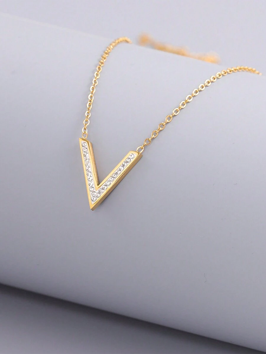 1pc Simple & Versatile Stainless Steel V Shape Necklace For Women, With English Letter Pendant, Clavicle Chain, Suitable For Daily Wear - Yellow Gold - View 1