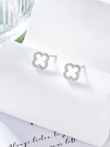 1 Pair Fashionable, Elegant, Minimalist Shiny S925 Sterling Silver Hollow Clover Cubic Zirconia Earrings, Suitable For Women Anniversary Wear - Silver - View 3