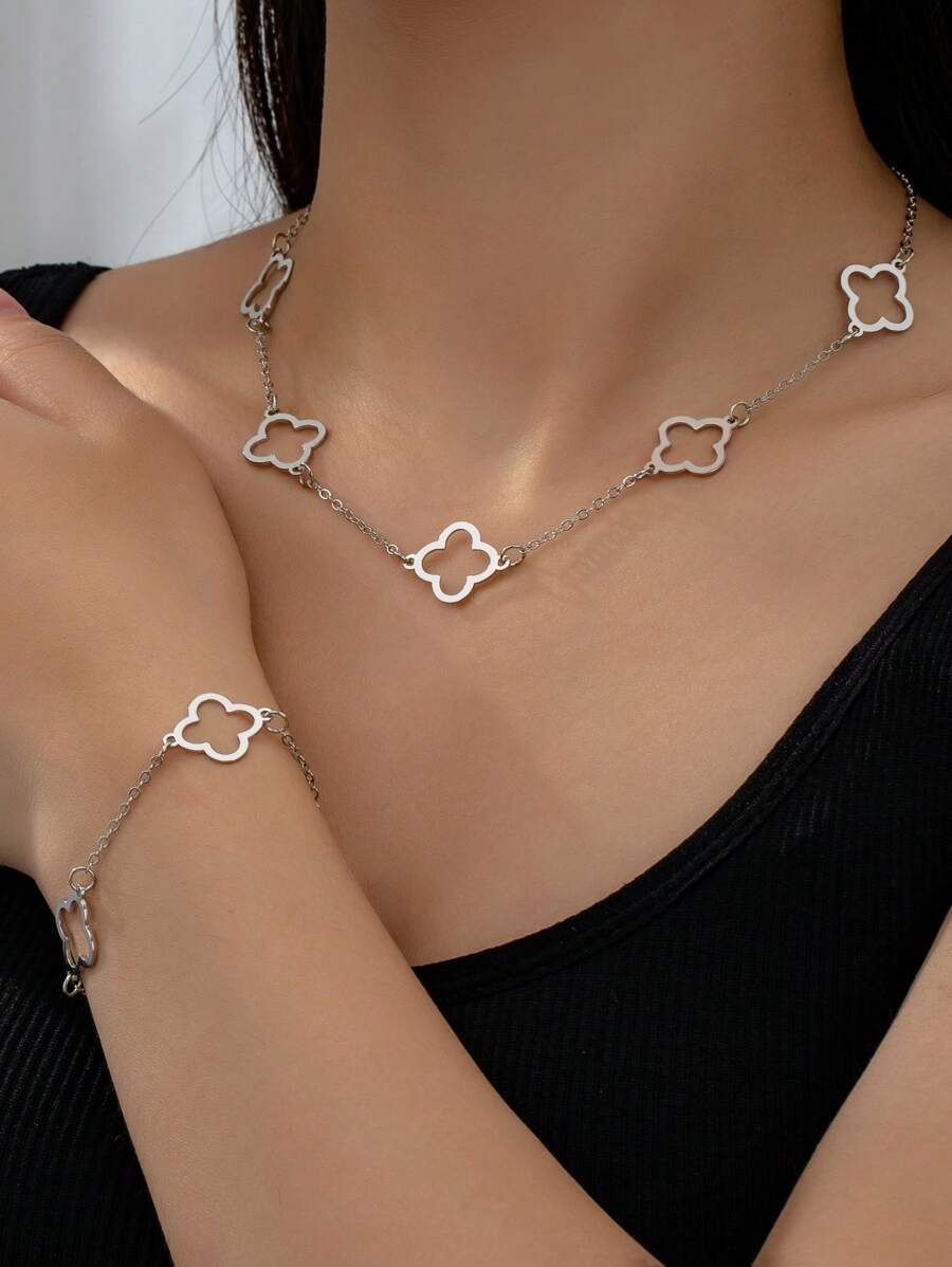 1 Pezzo Collana Catena A Fiore Cava E 1 Pezzo Braccialetto A Fiore Cavo , Elegante E Popolare Set Di Gioielli Per Donne - Argento - Visualizzare 1