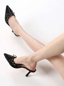 Heeled Mules For Women Pointed Toe Suede Stiletto High Heels Fashion Bow Tie Slip On Pumps Woman - Black - View 6