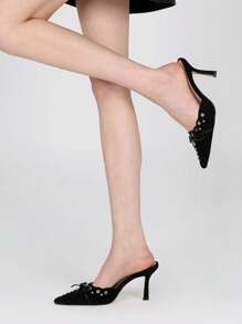 Heeled Mules For Women Pointed Toe Suede Stiletto High Heels Fashion Bow Tie Slip On Pumps Woman - Black - View 5