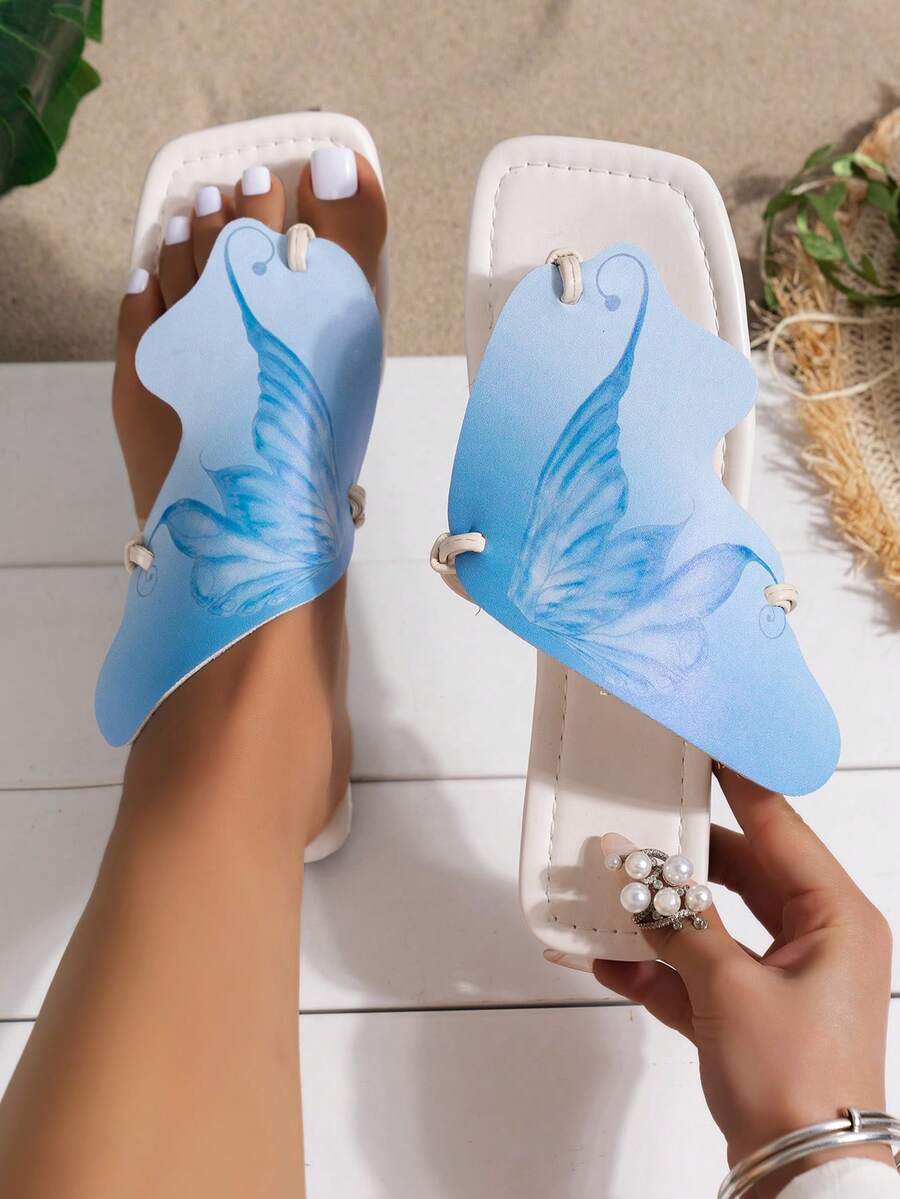 女士新款熱帶假日風格扁蝴蝶3d印花涼鞋夾腳拖 - 藍色 - 查看 1