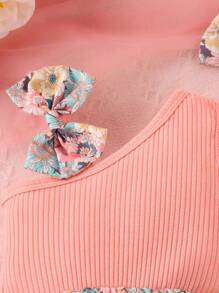 Cute Baby Girl One Shoulder Sleeveless Floral Print Bodysuit For Summer - Pink - View 4