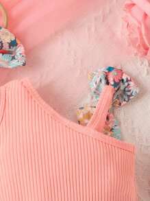 Cute Baby Girl One Shoulder Sleeveless Floral Print Bodysuit For Summer - Pink - View 5
