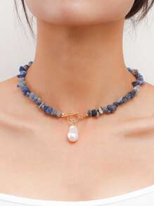 1 件不对称形状人造珍珠和宝石串珠项链，带搭扣，适合女性日常佩戴 - 彩色 - 查看 6