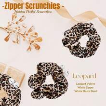1pc Leopard Printed Invisible Zipper Large Plush Hair Scrunchies With Pouch Street Casual - Multicolor - View 3