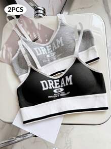 2pcs Women's Vintage Street Style Thread Texture Sports Bra Wireless, Push Up And Suitable For Small Busts - Multicolor - View 1