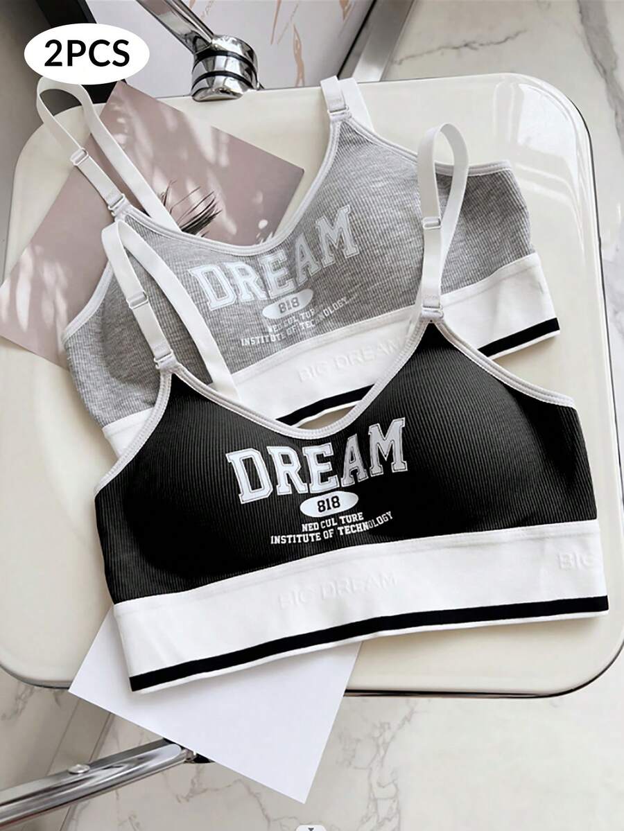 2pcs Women's Vintage Street Style Thread Texture Sports Bra Wireless, Push Up And Suitable For Small Busts - Multicolor - View 1