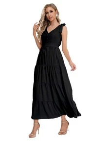 Vestido largo sin mangas con detalle de listones en los hombros - Negro - Ver 4