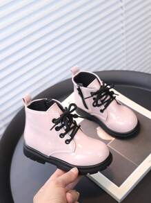 Kids' Faux Leather Shining, Comfortable, Anti-Slip Flat Boots For Girls, Spring/Fall Casual Ankle Boots For Little Girls