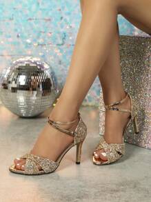 Women's Pointed Toe Thin High Heel Crisscross Ankle Strap Peep-Toe Rose Gold Shiny Sexy Fashion Sandals - Rose Gold - View 3