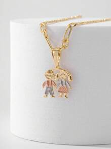 1pc Stylish And Simple Tri-Color Copper Plated Carved 3d Boy & Girl Holding Hands Pendant Necklace, Suitable For Gift Giving, Couples, Friends, Daily Wear And Festivals - Yellow Gold - View 2