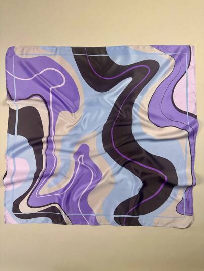 1PC Ladies Psychedelic Geo Wave Print Square Scarf Purple Elegant Neckerchief Bandana Women Satin Head Scarf Hair Accessories