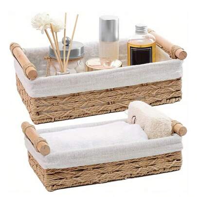 2 件 (S+M)/1 件柳条篮，适用于家庭整理和储存、带手柄的厨房和浴室储物篮、浴室台面、卧室、客厅、宿舍、办公室配件、家居装饰、农舍装饰、秋季装饰储存、返校用品、卧室收纳篮、节日派对装饰礼物