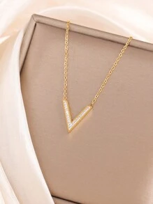 1pc Simple & Versatile Stainless Steel V Shape Necklace For Women, With English Letter Pendant, Clavicle Chain, Suitable For Daily Wear - Yellow Gold - View 3