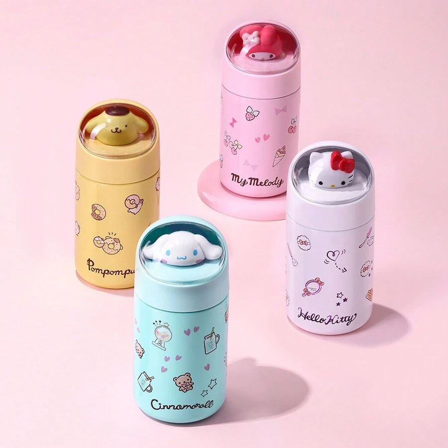 Miniso Botella de agua aislada blanca de Sanrio Hello Kitty de 280ml/9.47oz con lindo muñeco de peluche en la parte superior, de acero inoxidable de doble pared, adecuada para la escuela, la oficina y el hogar (1 pieza) - Blanco - Ver 1