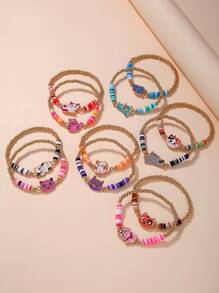 12入組手工編織小圓片彈性珠串手鐲,卡通貓主題,適用於女孩子 - 彩色 - 查看 5