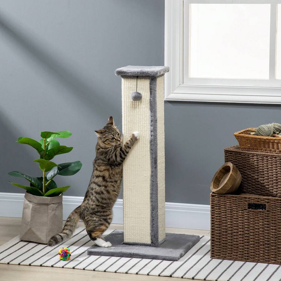 PawHut Kratzstamm, 81cm Kratzsäule, Sisal-Katzenkratzbaum mit Spielball, Kratzbaum für Katzen, Kratzmöbel für Katzen bis 5 kg, Indoor, Grau, Creme