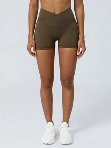 Sodalemon Quần short thể thao tập yoga chéo eo nâng hông cho nữ Quần short thun - xanh quân đội - Xem 5