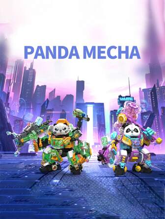 618PCS+ Luminous Mecha Panda - Fubo And Lilia Building Blocks Creative Desktop Ornament Small Particle Building Block Toys Gifts For Family And Friends Room Decoration