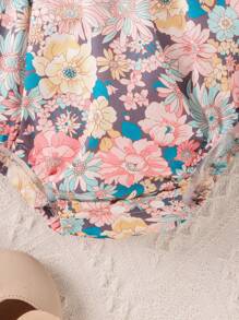 Cute Baby Girl One Shoulder Sleeveless Floral Print Bodysuit For Summer - Pink - View 7