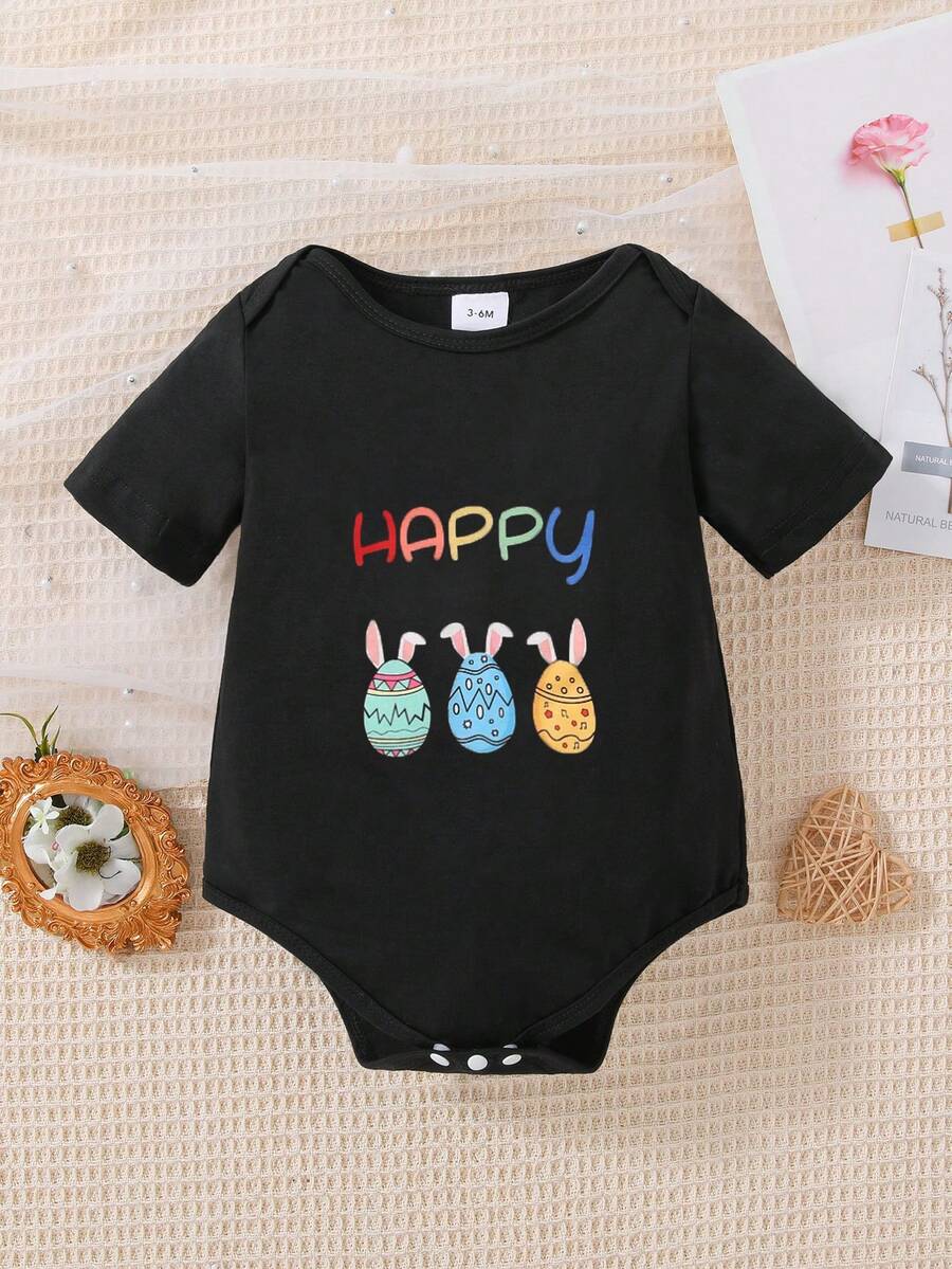 Pelele de bebé recién nacido niña con estampado de conejo de dibujos animados y letras en forma de triángulo - Negro - Ver 1