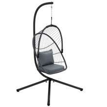 Outsunny Outdoor PE Rattan Swing Chair With Cushion, Foldable Basket Patio Hanging Chair With Metal Stand, 360° Rotation Spring Hook, Basket Height Adjust With Metal Chain, Grey - Grey - View 6
