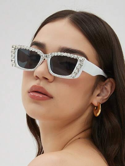 1pc Fashionable Women's Rhinestone Decor Oversized Frame Personalized Summer Beach Party Fashion Glasses Shades Beach Accessories Beach Accessories For Women Glasses Shades Basics Fall Winter Women Outfits Clothes Business Casual Gifts For Summer Beach Vacation, Outdoor, Travel