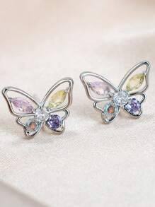 Kpop Corea Dulces Bonitos Pendientes de mariposa con stpiezas para mujeres niñas Verde rosa Cristal CZ Mini Pendientes elegantes de Bricons - oro rosa - Ver 14