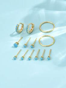 12 Stücke/set Türkis & Cubic Zirconia Ohrstecker Set, Geeignet Für Frauen Date, Täglich, Pendelverkehr Und Party