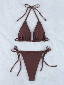 咖啡棕色環形三角比基尼上下套裝，適用於夏日沙灘泳裝 - 咖啡棕 - 查看 3