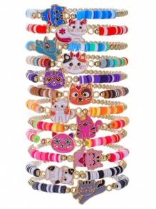 12入組手工編織小圓片彈性珠串手鐲,卡通貓主題,適用於女孩子 - 彩色 - 查看 1