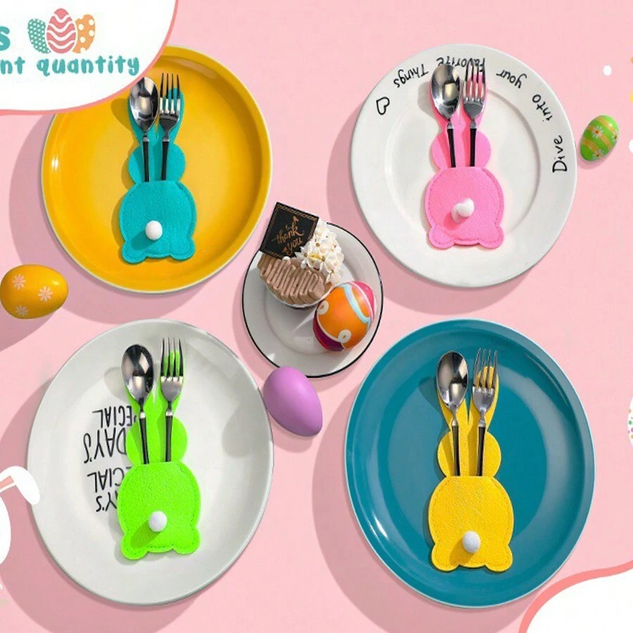 4pcs Phim hoạt hình dễ thương Phong cách lễ Phục sinh Con thỏ Dao & Cái nĩa Túi đựng Với Cái đuôi , Đầy màu sắc Felt Túi đựng Đối với Đồ dao Và , Bàn Đồ trang trí Đối với Lễ hội - Nhiều màu - Xem 1