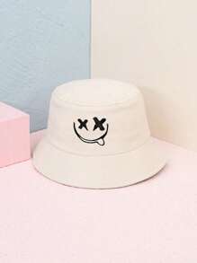 1pc Outdoor Leisure Sun Hat For Spring And Summer, Ladies' Tourist Holiday Sunscreen Embroidered Expression Bucket Hat, Y2k Men's Basin Hat, Style - Beige - View 1