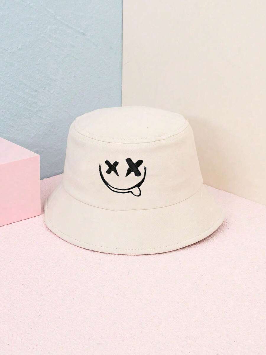 1pc Outdoor Leisure Sun Hat For Spring And Summer, Ladies' Tourist Holiday Sunscreen Embroidered Expression Bucket Hat, Y2k Men's Basin Hat, Style - Beige - View 1