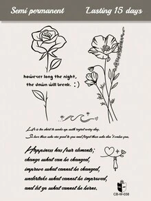 CAT QUEEN ART 1pc Blue Floral & Word Design Herbal Temporary Tattoo Sticker, Semi-Permanent For 14 Days, Non-Fading, Non-Reflective, Wrist Decal - Black - View 2