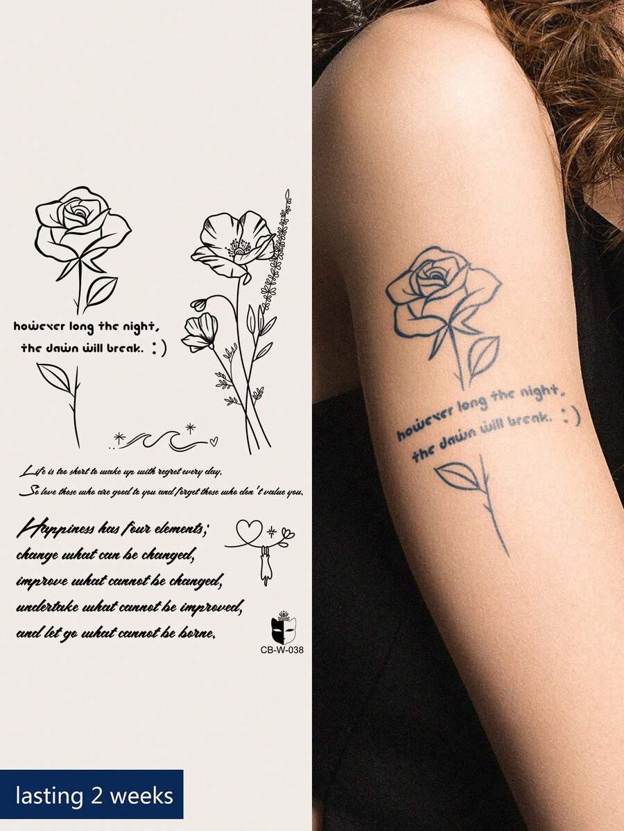 CAT QUEEN ART 1pc Blue Floral & Word Design Herbal Temporary Tattoo Sticker, Semi-Permanent For 14 Days, Non-Fading, Non-Reflective, Wrist Decal - Black - View 1