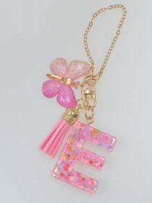 Móc khóa chữ cái đầu tiên 1 cái dễ thương cho túi xách nữ, mặt dây chuyền quyến rũ xe hơi với bông tuyết nhựa lấp lánh màu hồng, trang trí bướm và tua rua, phụ kiện quà tặng - Hồng - Xem 6