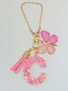 Móc khóa chữ cái đầu tiên 1 cái dễ thương cho túi xách nữ, mặt dây chuyền quyến rũ xe hơi với bông tuyết nhựa lấp lánh màu hồng, trang trí bướm và tua rua, phụ kiện quà tặng - Hồng - Xem 4