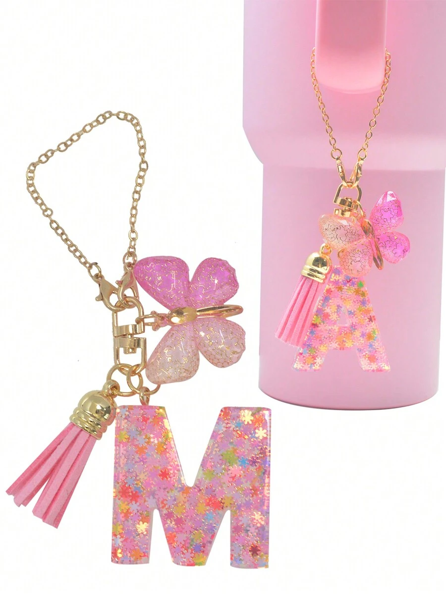 Móc khóa chữ cái đầu tiên 1 cái dễ thương cho túi xách nữ, mặt dây chuyền quyến rũ xe hơi với bông tuyết nhựa lấp lánh màu hồng, trang trí bướm và tua rua, phụ kiện quà tặng - Hồng - Xem 1